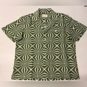 FAR AFIELD Green Geometric Linen Cotton Camp Collar Shirt NWOT L
